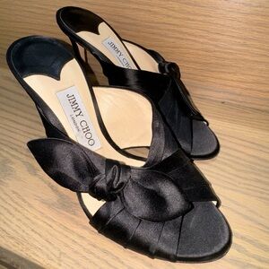 JIMMY CHOO Black Satin Bow Kelly Slide Sandals